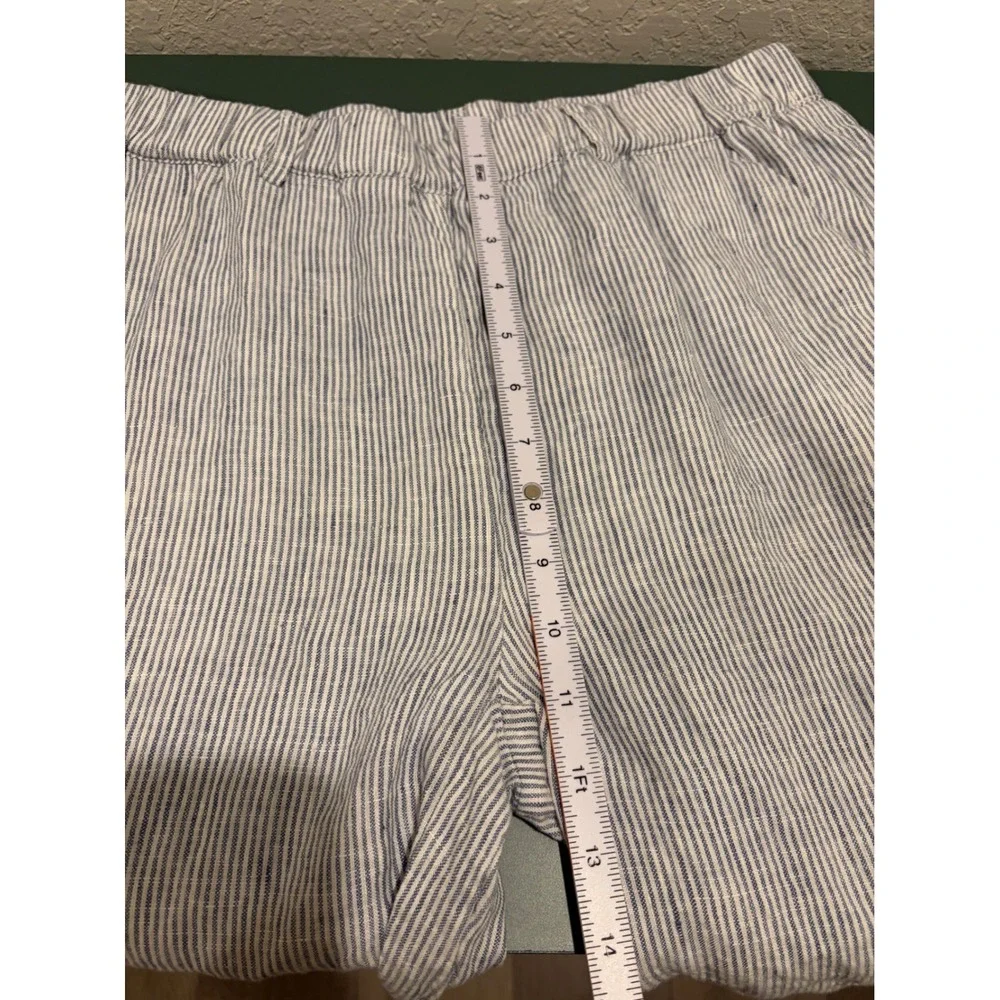 Quince 100% Linen Striped Pants Blue White Elastic Waist Cropped Trousers M